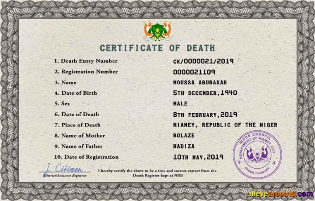 Niger death certificate